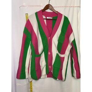 JASCLS Striped Pink Green White V Neck Button Front Cardigan Sweater Women's